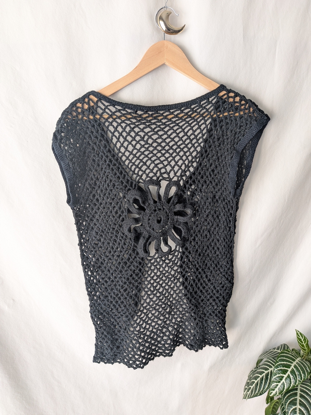 Black Crochet Open-Knit Vest with Floral Back Detail
